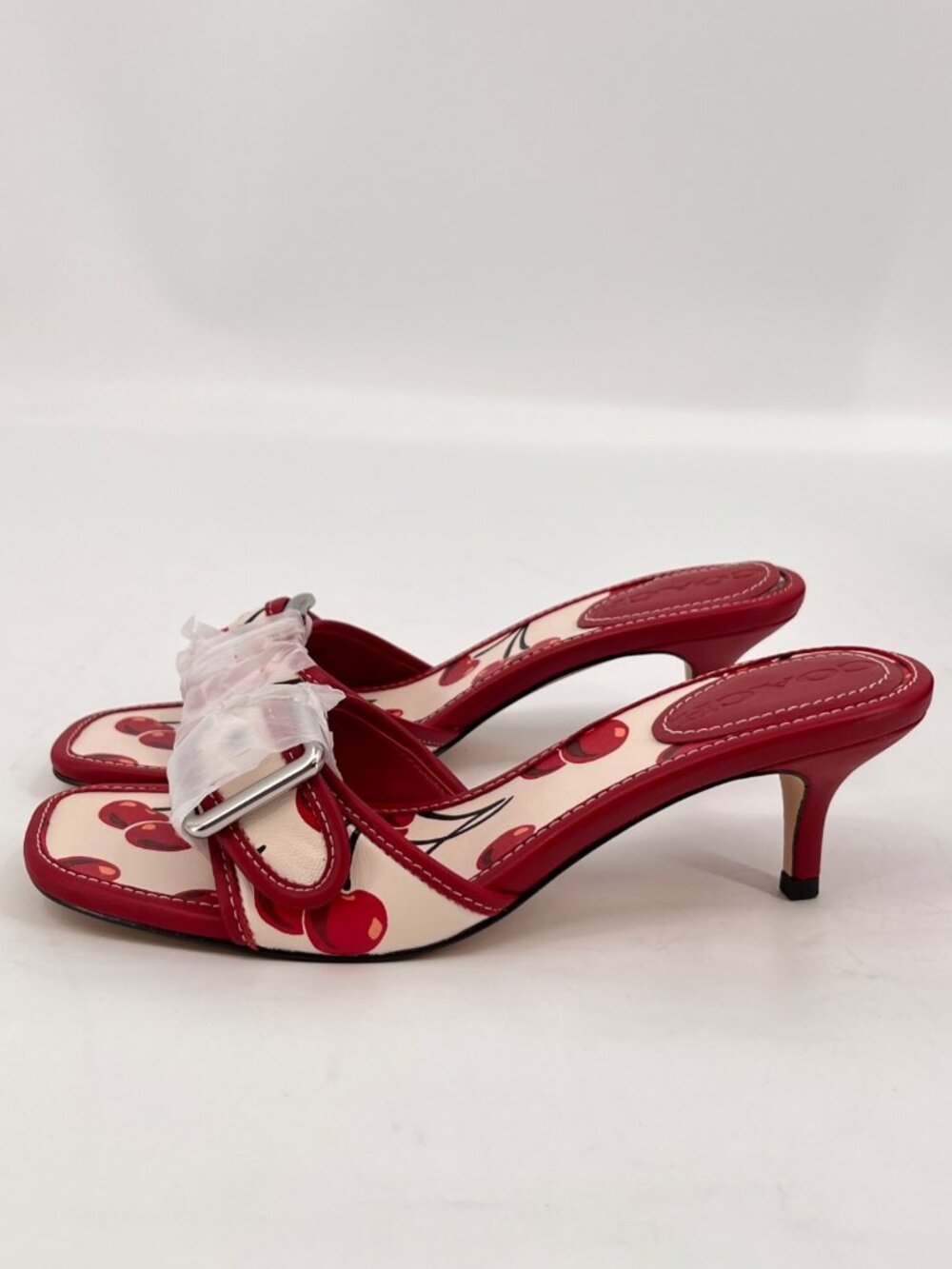 COACH Margot Sandal Red Cherry Print Leather Buckle Strap Kitten Size 6 - Picture 7 of 16
